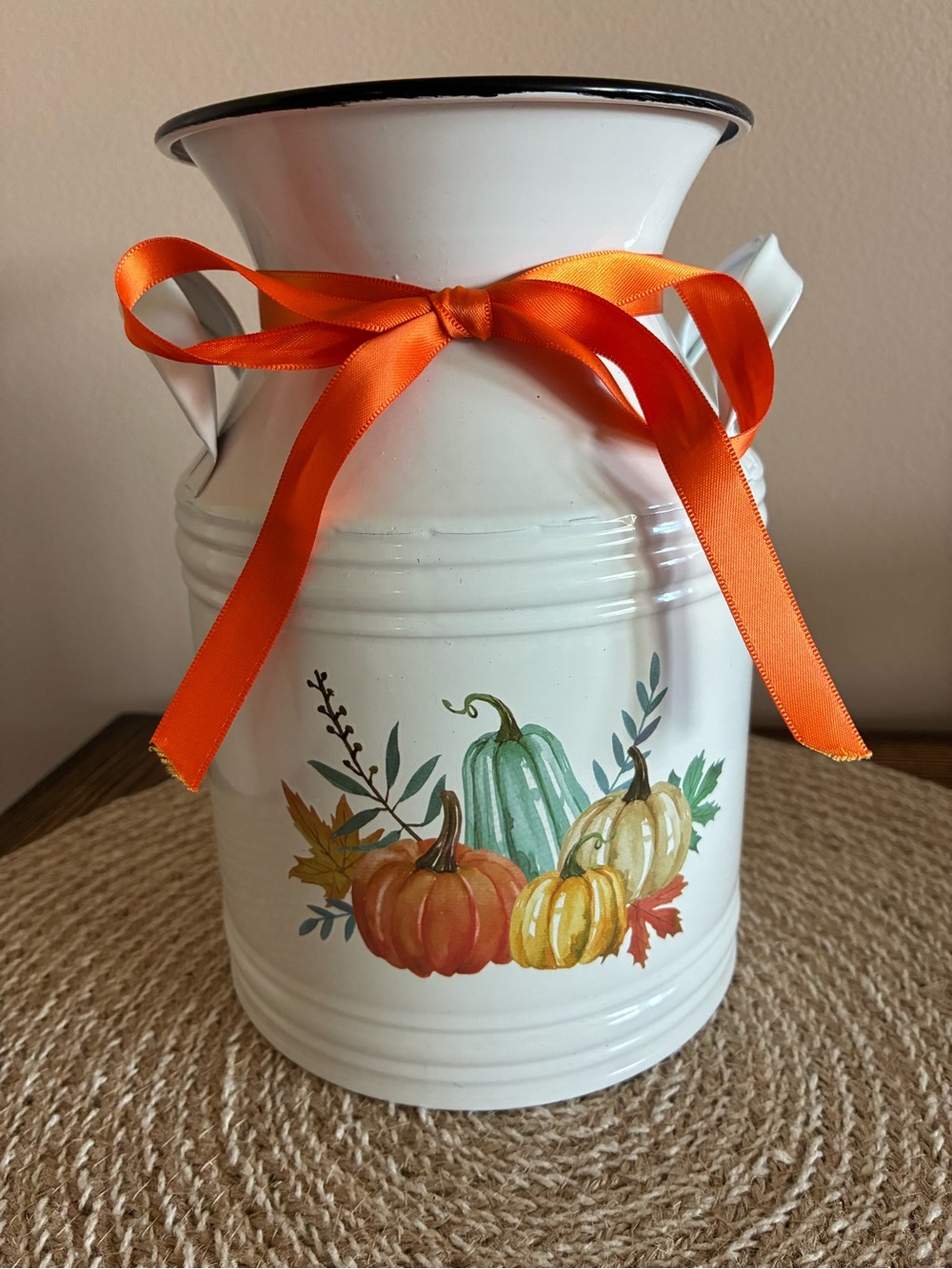 Milk Can/Vase White Enamel with Autumn Pumpkin Design and Orange Ribbon EUC!